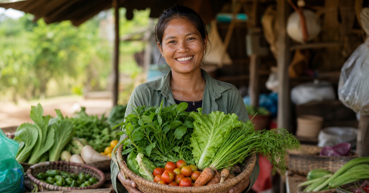 Farmer holding a basket of fresh vegetables